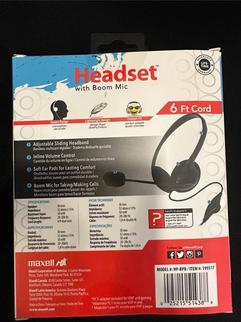 Maxell Black Headset with Boom Mic - 3.5mm to PC Y Adapter